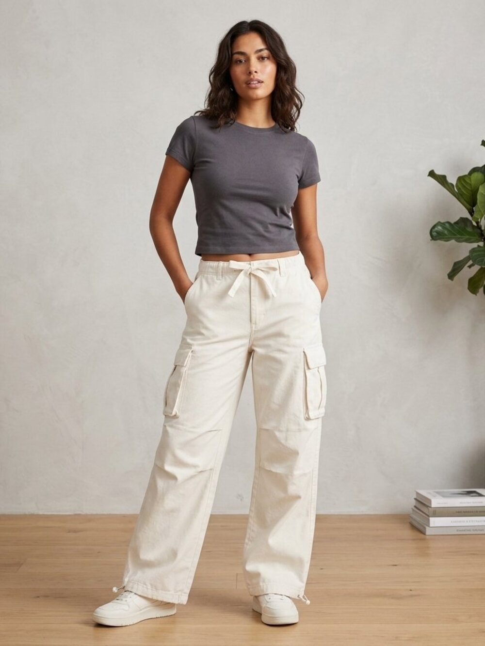 NWT H&M White Wide Leg Cargo Pants Relaxed Drawstring
